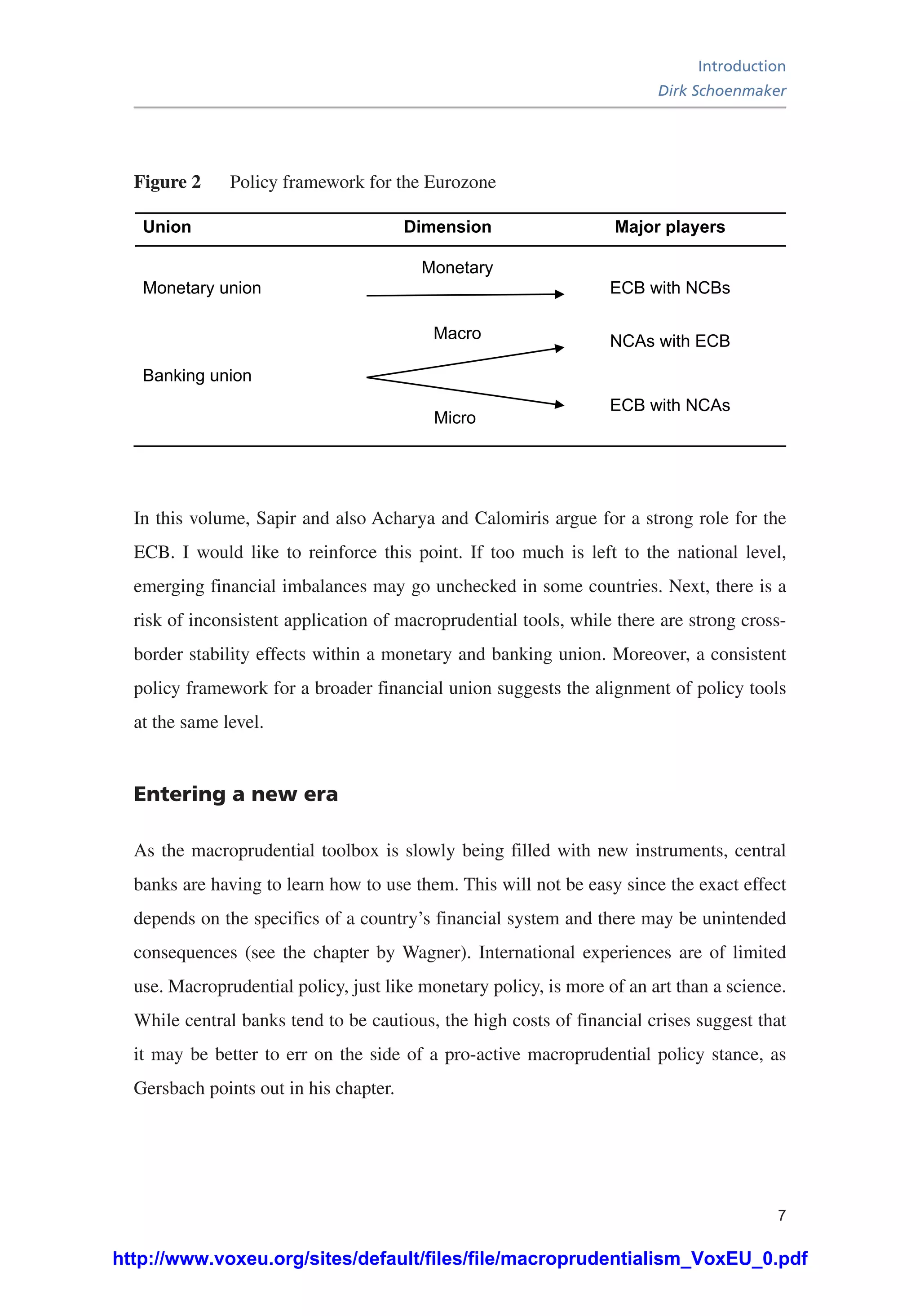 Introduction
Dirk Schoenmaker
7
Figure 2	 Policy framework for the Eurozone
Union Dimension Major players
Monetary union
Monetary
ECB with NCBs
Banking union
Macro
Micro
NCAs with ECB
ECB with NCAs
In this volume, Sapir and also Acharya and Calomiris argue for a strong role for the
ECB. I would like to reinforce this point. If too much is left to the national level,
emerging financial imbalances may go unchecked in some countries. Next, there is a
risk of inconsistent application of macroprudential tools, while there are strong cross-
border stability effects within a monetary and banking union. Moreover, a consistent
policy framework for a broader financial union suggests the alignment of policy tools
at the same level.
Entering a new era
As the macroprudential toolbox is slowly being filled with new instruments, central
banks are having to learn how to use them. This will not be easy since the exact effect
depends on the specifics of a country’s financial system and there may be unintended
consequences (see the chapter by Wagner). International experiences are of limited
use. Macroprudential policy, just like monetary policy, is more of an art than a science.
While central banks tend to be cautious, the high costs of financial crises suggest that
it may be better to err on the side of a pro-active macroprudential policy stance, as
Gersbach points out in his chapter.
http://www.voxeu.org/sites/default/files/file/macroprudentialism_VoxEU_0.pdf
 