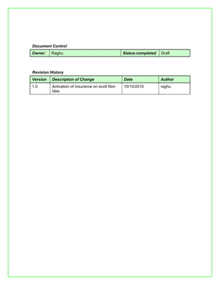 Document Control
Owner:    Raghu                                 Status:completed   Draft



Revision History
Version   Description of Change                 Date               Author
1.0       Activation of Insurance on ecc6 Non   10/10/2010         raghu
          Ides
 