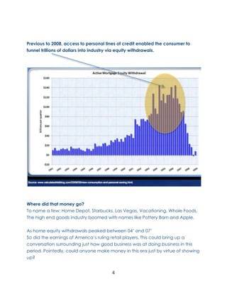 Previous to 2008, access to personal lines of credit enabled the consumer to
funnel trillions of dollars into industry via equity withdrawals.




Where did that money go?
To name a few: Home Depot, Starbucks, Las Vegas, Vacationing, Whole Foods,
The high end goods industry boomed with names like Pottery Barn and Apple.

As home equity withdrawals peaked between 04’ and 07’
So did the earnings of America’s ruling retail players. This could bring up a
conversation surrounding just how good business was at doing business in this
period. Pointedly, could anyone make money in this era just by virtue of showing
up?


                                       4
 