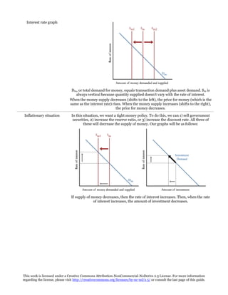 Interest rate graph

Dm, or total demand for money, equals transaction demand plus asset demand. Sm is
always vertical because quantity supplied doesn’t vary with the rate of interest.
When the money supply decreases (shifts to the left), the price for money (which is the
same as the interest rate) rises. When the money supply increases (shifts to the right),
the price for money decreases.
Inflationary situation

In this situation, we want a tight money policy. To do this, we can 1) sell government
securities, 2) increase the reserve ratio, or 3) increase the discount rate. All three of
these will decrease the supply of money. Our graphs will be as follows:

If supply of money decreases, then the rate of interest increases. Then, when the rate
of interest increases, the amount of investment decreases.

This work is licensed under a Creative Commons Attribution-NonCommercial-NoDerivs 2.5 License. For more information
regarding the license, please visit http://creativecommons.org/licenses/by-nc-nd/2.5/ or consult the last page of this guide.

 