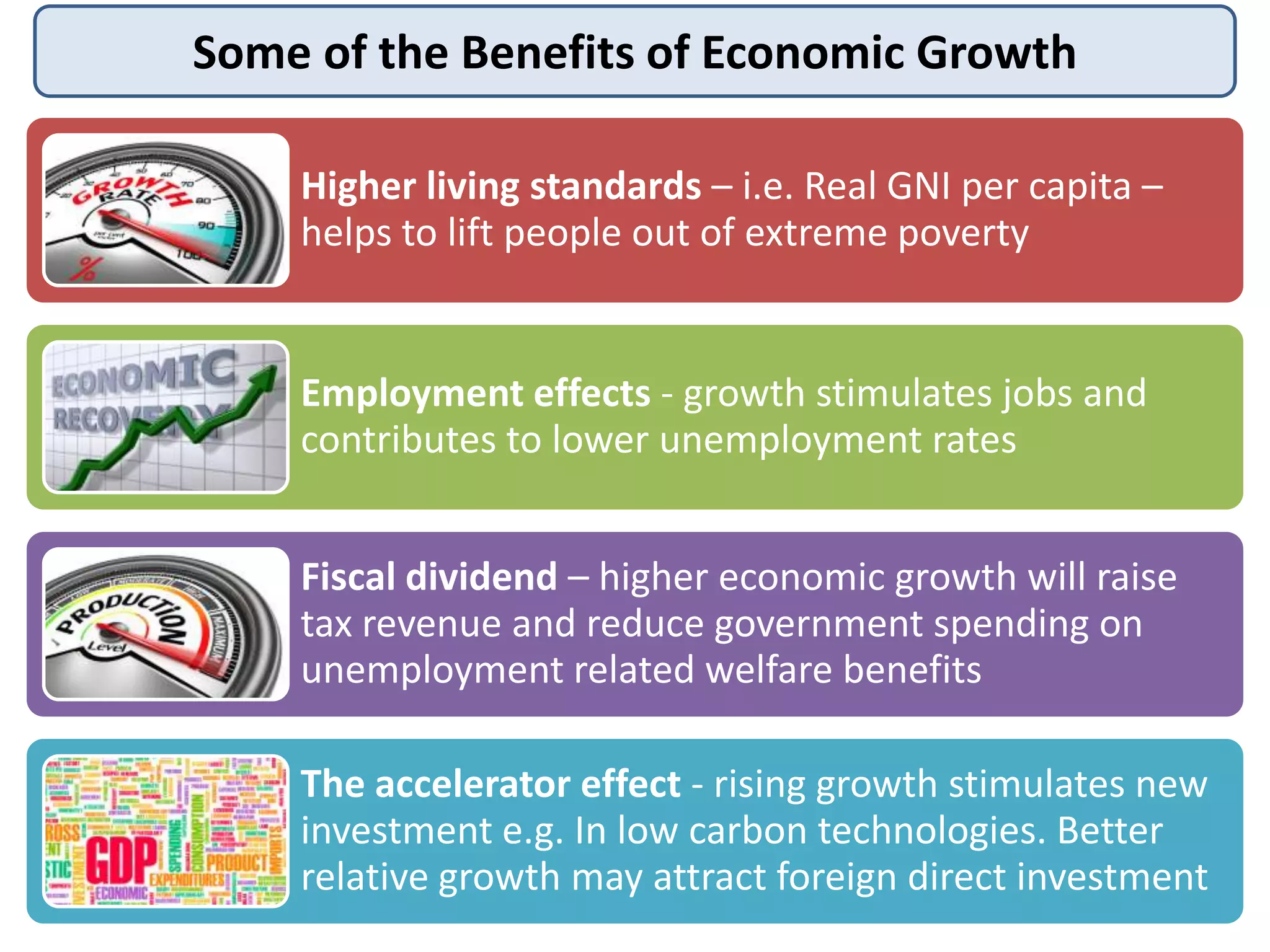 Some of the Benefits of Economic Growth
Higher living standards – i.e. Real GNI per capita –
helps to lift people out of extreme poverty

Employment effects - growth stimulates jobs and
contributes to lower unemployment rates

Fiscal dividend – higher economic growth will raise
tax revenue and reduce government spending on
unemployment related welfare benefits
The accelerator effect - rising growth stimulates new
investment e.g. In low carbon technologies. Better
relative growth may attract foreign direct investment

 