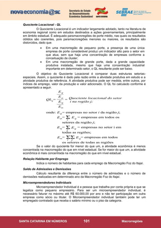 101
Quociente Locacional - QL
O Quociente Locacional é um indicador largamente adotado, tanto na literatura de
economia regional como em estudos destinados a ações governamentais, principalmente
em âmbito estadual. É adequado paramacroregiões de porte médio, nas quais os resultados
obtidos são coerentes, pois paramacroregiões menores ou maiores, os resultados são
distorcidos, dado que:
 Em uma macrorregião de pequeno porte, a presença de uma única
empresa de porte considerável produz um indicador alto para o setor em
que atua, sem que haja uma concentração de empresas conforme a
conceituação de cluster;
 Em uma macrorregião de grande porte, dada a grande capacidade
produtiva instalada, mesmo que haja uma concentração industrial
importante em determinado setor, o QL resultante pode ser baixo.
O objetivo do Quociente Locacional é comparar duas estruturas setorias-
espaciais. Assim, o quociente é dado pela razão entre a atividade produtiva em estudo e a
atividade produtiva de referência. A atividade produtiva pode ser medida, entre outros, por
índices de emprego, valor da produção e valor adicionado. O QL foi calculado conforme é
apresentado a seguir.
Se o valor do quociente for menor do que um, a atividade econômica é menos
concentrada na macrorregião do que em nível estadual. Se for maior do que um, a atividade
econômica é mais concentrada na macrorregião do que em nível estadual.
Relação Habitante por Emprego
Indica o número de habitantes para cada emprego da Macrorregião Foz do Itajaí.
Saldo de Admissões e Demissões
Cálculo resultante da diferença entre o número de admissões e o número de
demissões realizadas em determinado ano da Macrorregião Foz do Itajaí.
Microempreendedores Individuais
Microempreendedor Individual é a pessoa que trabalha por conta própria e que se
legaliza como pequeno empresário. Para ser um microempreendedor individual, é
necessário faturar no máximo até R$ 60.000,00 por ano e não ter participação em outra
empresa como sócio ou titular. O Microempreendedor individual também pode ter um
empregado contratado que receba o salário mínimo ou o piso da categoria.
QL =ij
E
•j
i•
E
E
E••
ij
Quociente locacional do setor
i na região j;
=
i
j
E
•j
i•E
E
E••
ijonde: = empresas no setor i da região j;
= = empresas em todos os
setores da região j;
= = empresas no setor i em
todas as regiões;
= = empresas em todos
os setores de todas as regiões
Σ
Σ
Σ E ij
E ij
j
Σ E ij
i
QL =ij
E
•j
i•
E
E
E••
ij
Quociente locacional do setor
i na região j;
=QL =ij
E
•j
i•
E
E
E••
ij
Quociente locacional do setor
i na região j;
=
i
j
E
•j
i•E
E
E••
ijonde: = empresas no setor i da região j;
= = empresas em todos os
setores da região j;
= = empresas no setor i em
todas as regiões;
= = empresas em todos
os setores de todas as regiões
Σ
Σ
Σ E ij
E ij
j
Σ E ij
i
i
j
E
•j
i•E
E
E••
ijonde: = empresas no setor i da região j;
= = empresas em todos os
setores da região j;
= = empresas no setor i em
todas as regiões;
= = empresas em todos
os setores de todas as regiões
Σ
Σ
Σ E ij
E ij
j
Σ E ij
i
 