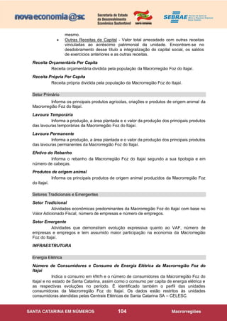 104
mesmo.
 Outras Receitas de Capital - Valor total arrecadado com outras receitas
vinculadas ao acréscimo patrimonial da unidade. Encontram-se no
desdobramento desse título a integralização do capital social, os saldos
de exercícios anteriores e as outras receitas.
Receita Orçamentária Per Capita
Receita orçamentária dividida pela população da Macrorregião Foz do Itajaí.
Receita Própria Per Capita
Receita própria dividida pela população da Macrorregião Foz do Itajaí.
Setor Primário
Informa os principais produtos agrícolas, criações e produtos de origem animal da
Macrorregião Foz do Itajaí.
Lavoura Temporária
Informa a produção, a área plantada e o valor da produção dos principais produtos
das lavouras temporárias da Macrorregião Foz do Itajaí.
Lavoura Permanente
Informa a produção, a área plantada e o valor da produção dos principais produtos
das lavouras permanentes da Macrorregião Foz do Itajaí.
Efetivo do Rebanho
Informa o rebanho da Macrorregião Foz do Itajaí segundo a sua tipologia e em
número de cabeças.
Produtos de origem animal
Informa os principais produtos de origem animal produzidos da Macrorregião Foz
do Itajaí.
Setores Tradicionais e Emergentes
Setor Tradicional
Atividades econômicas predominantes da Macrorregião Foz do Itajaí com base no
Valor Adicionado Fiscal, número de empresas e número de empregos.
Setor Emergente
Atividades que demonstram evolução expressiva quanto ao VAF, número de
empresas e empregos e tem assumido maior participação na economia da Macrorregião
Foz do Itajaí.
INFRAESTRUTURA
Energia Elétrica
Número de Consumidores e Consumo de Energia Elétrica da Macrorregião Foz do
Itajaí
Indica o consumo em kW/h e o número de consumidores da Macrorregião Foz do
Itajaí e no estado de Santa Catarina, assim como o consumo per capita de energia elétrica e
as respectivas evoluções no período. É identificado também o perfil das unidades
consumidoras da Macrorregião Foz do Itajaí. Os dados estão restritos às unidades
consumidoras atendidas pelas Centrais Elétricas de Santa Catarina SA – CELESC.
 
