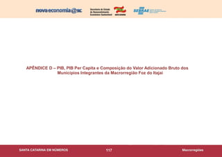 117
APÊNDICE D – PIB, PIB Per Capita e Composição do Valor Adicionado Bruto dos
Municípios Integrantes da Macrorregião Foz do Itajaí
 