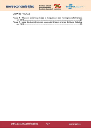 137
LISTA DE FIGURAS
Figura 1 - Mapa de extrema pobreza e desigualdade dos municípios catarinenses,
em 2010 .............................................................................................................27
Figura 2 - Mapa de abrangência das concessionárias de energia de Santa Catarina,
em 2013 .............................................................................................................75
 