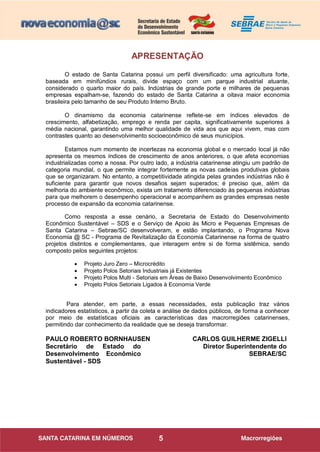 5
APRESENTAÇÃO
O estado de Santa Catarina possui um perfil diversificado: uma agricultura forte,
baseada em minifúndios rurais, divide espaço com um parque industrial atuante,
considerado o quarto maior do país. Indústrias de grande porte e milhares de pequenas
empresas espalham-se, fazendo do estado de Santa Catarina a oitava maior economia
brasileira pelo tamanho de seu Produto Interno Bruto.
O dinamismo da economia catarinense reflete-se em índices elevados de
crescimento, alfabetização, emprego e renda per capita, significativamente superiores à
média nacional, garantindo uma melhor qualidade de vida aos que aqui vivem, mas com
contrastes quanto ao desenvolvimento socioeconômico de seus municípios.
Estamos num momento de incertezas na economia global e o mercado local já não
apresenta os mesmos índices de crescimento de anos anteriores, o que afeta economias
industrializadas como a nossa. Por outro lado, a indústria catarinense atingiu um padrão de
categoria mundial, o que permite integrar fortemente as novas cadeias produtivas globais
que se organizaram. No entanto, a competitividade atingida pelas grandes indústrias não é
suficiente para garantir que novos desafios sejam superados; é preciso que, além da
melhoria do ambiente econômico, exista um tratamento diferenciado às pequenas indústrias
para que melhorem o desempenho operacional e acompanhem as grandes empresas neste
processo de expansão da economia catarinense.
Como resposta a esse cenário, a Secretaria de Estado do Desenvolvimento
Econômico Sustentável – SDS e o Serviço de Apoio às Micro e Pequenas Empresas de
Santa Catarina – Sebrae/SC desenvolveram, e estão implantando, o Programa Nova
Economia @ SC - Programa de Revitalização da Economia Catarinense na forma de quatro
projetos distintos e complementares, que interagem entre si de forma sistêmica, sendo
composto pelos seguintes projetos:
 Projeto Juro Zero – Microcrédito
 Projeto Polos Setoriais Industriais já Existentes
 Projeto Polos Multi - Setoriais em Áreas de Baixo Desenvolvimento Econômico
 Projeto Polos Setoriais Ligados à Economia Verde
Para atender, em parte, a essas necessidades, esta publicação traz vários
indicadores estatísticos, a partir da coleta e análise de dados públicos, de forma a conhecer
por meio de estatísticas oficiais as características das macrorregiões catarinenses,
permitindo dar conhecimento da realidade que se deseja transformar.
PAULO ROBERTO BORNHAUSEN CARLOS GUILHERME ZIGELLI
Secretário de Estado do
Desenvolvimento Econômico
Sustentável - SDS
Diretor Superintendente do
SEBRAE/SC
 