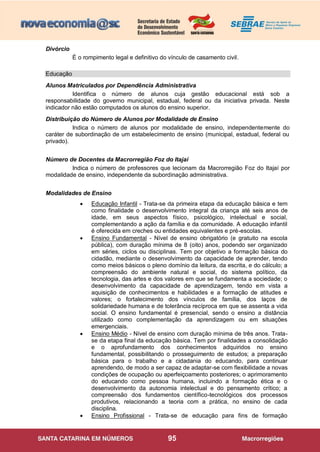 95
Divórcio
É o rompimento legal e definitivo do vínculo de casamento civil.
Educação
Alunos Matriculados por Dependência Administrativa
Identifica o número de alunos cuja gestão educacional está sob a
responsabilidade do governo municipal, estadual, federal ou da iniciativa privada. Neste
indicador não estão computados os alunos do ensino superior.
Distribuição do Número de Alunos por Modalidade de Ensino
Indica o número de alunos por modalidade de ensino, independentemente do
caráter de subordinação de um estabelecimento de ensino (municipal, estadual, federal ou
privado).
Número de Docentes da Macrorregião Foz do Itajaí
Indica o número de professores que lecionam da Macrorregião Foz do Itajaí por
modalidade de ensino, independente da subordinação administrativa.
Modalidades de Ensino
 Educação Infantil - Trata-se da primeira etapa da educação básica e tem
como finalidade o desenvolvimento integral da criança até seis anos de
idade, em seus aspectos físico, psicológico, intelectual e social,
complementando a ação da família e da comunidade. A educação infantil
é oferecida em creches ou entidades equivalentes e pré-escolas.
 Ensino Fundamental - Nível de ensino obrigatório (e gratuito na escola
pública), com duração mínima de 8 (oito) anos, podendo ser organizado
em séries, ciclos ou disciplinas. Tem por objetivo a formação básica do
cidadão, mediante o desenvolvimento da capacidade de aprender, tendo
como meios básicos o pleno domínio da leitura, da escrita, e do cálculo; a
compreensão do ambiente natural e social, do sistema político, da
tecnologia, das artes e dos valores em que se fundamenta a sociedade; o
desenvolvimento da capacidade de aprendizagem, tendo em vista a
aquisição de conhecimentos e habilidades e a formação de atitudes e
valores; o fortalecimento dos vínculos de família, dos laços de
solidariedade humana e de tolerância recíproca em que se assenta a vida
social. O ensino fundamental é presencial, sendo o ensino a distância
utilizado como complementação da aprendizagem ou em situações
emergenciais.
 Ensino Médio - Nível de ensino com duração mínima de três anos. Trata-
se da etapa final da educação básica. Tem por finalidades a consolidação
e o aprofundamento dos conhecimentos adquiridos no ensino
fundamental, possibilitando o prosseguimento de estudos; a preparação
básica para o trabalho e a cidadania do educando, para continuar
aprendendo, de modo a ser capaz de adaptar-se com flexibilidade a novas
condições de ocupação ou aperfeiçoamento posteriores; o aprimoramento
do educando como pessoa humana, incluindo a formação ética e o
desenvolvimento da autonomia intelectual e do pensamento crítico; a
compreensão dos fundamentos científico-tecnológicos dos processos
produtivos, relacionando a teoria com a prática, no ensino de cada
disciplina.
 Ensino Profissional - Trata-se de educação para fins de formação
 