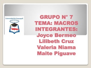 GRUPO N° 7 
TEMA: MACROS 
INTEGRANTES: 
Joyce Bermeo 
Lilibeth Cruz 
Valeria Niama 
Maite Piguave 
 