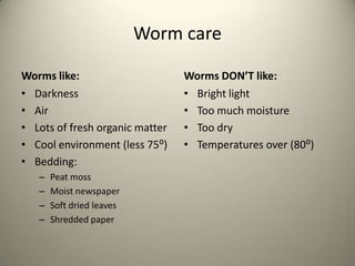 Worm care

Worms like:                      Worms DON’T like:
• Darkness                       • Bright light
• Air                            • Too much moisture
• Lots of fresh organic matter   • Too dry
• Cool environment (less 75⁰)    • Temperatures over (80⁰)
• Bedding:
   –   Peat moss
   –   Moist newspaper
   –   Soft dried leaves
   –   Shredded paper
 