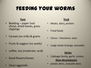 Feeding your worms
            Yum                                  Yuck
• Bedding – paper (not           • Meats, dairy, protein
  shiny), dried leaves, grass
  clippings
                                 • Fried foods

• Cereals (no milk) & grains
                                 • Citrus – limonene, toxic

• Fruits & veggies (no seeds)
                                 • Large seeds (mango, avocado)

• coffee, tea (moderate: acid)
                                               Stinky
                                 • Cabbage family, garlic, onions
• Dead flowers/leaves
                                       Slow decomposers
                                 • potato skins, avocado skins
• Clean eggshells
 