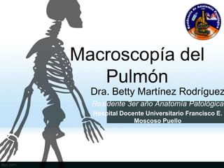 Macroscopía del
Pulmón
Dra. Betty Martínez Rodríguez
Residente 3er año Anatomía Patológica
Hospital Docente Universitario Francisco E.
Moscoso Puello
 