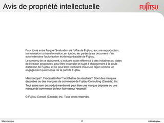 Avis de propriété intellectuelle

Pour toute autre fin que l’évaluation de l’offre de Fujitsu, aucune reproduction,
transmission ou transformation, en tout ou en partie de ce document n’est
autorisée sans l’autorisation écrite et préalable de Fujitsu.
Le contenu de ce document, y incluant toute référence à des initiatives ou dates
de livraison proposées, peut être incomplet et sujet à changement à la seule
discrétion de Fujitsu, et ne peut être considéré d’aucune façon comme un
engagement quelconque de la part de Fujitsu.
Macroscope , ProcessUnifier et Chaîne de résultats Sont des marques
déposées ou des marques de commerce de Fujitsu Consulting (Canada) Inc.
Tout autre nom de produit mentionné peut être une marque déposée ou une
marque de commerce de leur fournisseur respectif.
© Fujitsu Conseil (Canada) Inc. Tous droits réservés.

Macroscope

17

©2014 Fujitsu

 