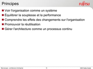Principes
  Voir l'organisation comme un système
  Équilibrer la souplesse et la performance
  Comprendre les effets des changements sur l'organisation
  Promouvoir la réutilisation
  Gérer l'architecture comme un processus continu




Macroscope – architecture d’entreprise   13            ©2012 Fujitsu Canada
 