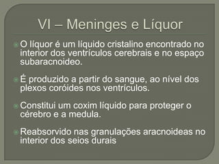 O  líquor é um líquido cristalino encontrado no
 interior dos ventrículos cerebrais e no espaço
 subaracnoideo.
É produzido a partir do sangue, ao nível dos
 plexos coróides nos ventrículos.
 Constitui
          um coxim líquido para proteger o
 cérebro e a medula.
 Reabsorvido  nas granulações aracnoideas no
 interior dos seios durais
 