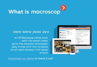 ‫ופשוט‬ ‫שימושי‬ ‫ממשק‬ ‫עיצוב‬
‫מצלמת‬ ‫תוכנת‬IP Macroscop‫היא‬
‫ללמוד‬ ‫וקלה‬ ‫לשימוש‬ ‫פשוטה‬.
‫פירושו‬ ‫שלה‬ ‫המתקדמת‬ ‫הפונקציונליות‬
‫באופן‬ ‫מוגדרת‬ ‫להיות‬ ‫יכולה‬ ‫שהמערכת‬
‫לצרכים‬ ‫ולענות‬ ‫המשתמש‬ ‫לצרכי‬ ‫מותאם‬
‫מבצעיים‬.
Download our demo to check it out!
What is
 