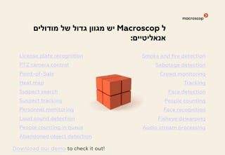 Smoke and fire detection
Sabotage detection
Crowd monitoring
Tracking
Face detection
People counting
Face recognition
Fisheye dewarping
Audio stream processing
License plate recognition
PTZ camera control
Point-of-Sale
Heat map
Suspect search
Suspect tracking
Personnel monitoring
Loud sound detection
People counting in queue
Abandoned object detection
‫ל‬Macroscop‫מודולים‬ ‫של‬ ‫גדול‬ ‫מגוון‬ ‫יש‬
‫אנאליטיים‬:
Download our demo to check it out!
 