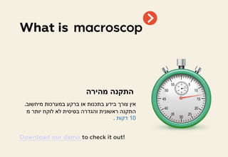 ‫מיחשוב‬ ‫במערכות‬ ‫ברקע‬ ‫או‬ ‫בתכנות‬ ‫בידע‬ ‫צורך‬ ‫אין‬.
‫מ‬ ‫יותר‬ ‫לוקח‬ ‫לא‬ ‫בסיסית‬ ‫והגדרה‬ ‫ראשונית‬ ‫התקנה‬
10‫דקות‬.
What is
‫מהירה‬ ‫התקנה‬
Download our demo to check it out!
 