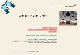 ‫לדוגמא‬ ‫:משימה‬
‫העובדים‬ ‫ייעול‬ ‫הגברת‬?
‫השיא‬ ‫בשעות‬ ‫אופטימלי‬ ‫עובדים‬ ‫מספר‬ ‫לספק‬?
‫תורים‬ ‫למנוע‬?
‫של‬ ‫הפתרון‬Macroscop:‫אנשים‬ ‫ספירת‬ ‫מודול‬
•‫אמת‬ ‫בזמן‬ ‫היוצאים‬ ‫ומספר‬ ‫הנכנסים‬ ‫מספר‬ ‫של‬ ‫ספירה‬.
•‫המבקרים‬ ‫מספר‬ ‫של‬ ‫סטטיסטיים‬ ‫דוחות‬ ‫באמצעות‬ ‫העבודה‬ ‫תהליכי‬ ‫את‬ ‫לשפר‬ ‫עוזר‬.
•‫הרבה‬ ‫הכי‬ ‫בהם‬ ‫ביקרו‬ ‫אשר‬ ‫האיזורים‬ ‫את‬ ‫לבחור‬ ‫עוזר‬.
Download our demo to check it out!
 