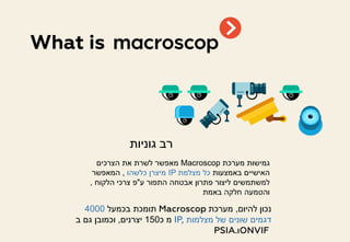‫גוניות‬ ‫רב‬
‫להיום‬ ‫נכון‬,‫מערכת‬Macroscop‫בכמעל‬ ‫תומכת‬4000
‫מצלמות‬ ‫של‬ ‫שונים‬ ‫דגמים‬IP,‫כ‬ ‫מ‬150‫יצרנים‬,‫ב‬ ‫גם‬ ‫וכמובן‬
ONVIF‫ו‬PSIA.
What is
‫מערכת‬ ‫גמישות‬Macroscop‫הצרכים‬ ‫את‬ ‫לשרת‬ ‫מאפשר‬
‫באמצעות‬ ‫האישיים‬‫מצלמת‬ ‫כל‬IP‫כלשהו‬ ‫מיצרן‬,‫המאפשר‬
‫ע‬ ‫התפור‬ ‫אבטחה‬ ‫פתרון‬ ‫ליצור‬ ‫למשתמשים‬"‫הלקוח‬ ‫צרכי‬ ‫פ‬,
‫באמת‬ ‫חלקה‬ ‫והטמעה‬
 