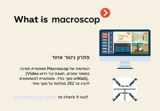 What is
Download our demo to check it out!
‫אחוד‬ ‫ניטור‬ ‫פתרון‬
‫של‬ ‫הגמישות‬Macroscop‫תמיכה‬ ‫מאפשרת‬
‫מסכים‬ ‫במספר‬,‫וידאו‬ ‫קיר‬ ‫תצוגת‬(Video
Wall),‫בודד‬ ‫מסך‬ ‫או‬,‫למשתמשים‬ ‫ומאפשרת‬
‫עד‬ ‫להציג‬262‫אחד‬ ‫מסך‬ ‫על‬ ‫מצלמות‬.
 