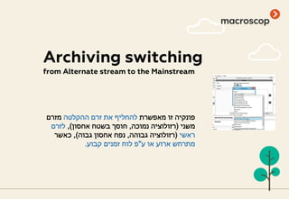 Archiving switching
from Alternate stream to the Mainstream
‫מאפשרת‬ ‫זו‬ ‫פונקיה‬‫ההקלטה‬ ‫זרם‬ ‫את‬ ‫להחליף‬‫מזרם‬
‫משני‬)‫נמוכה‬ ‫רזולוציה‬,‫אחסון‬ ‫בשטח‬ ‫חוסך‬(,‫לזרם‬
‫ראשי‬)‫גבוהה‬ ‫רזולוציה‬,‫גבוה‬ ‫אחסון‬ ‫נפח‬(,‫כאשר‬
‫ע‬ ‫או‬ ‫ארוע‬ ‫מתרחש‬"‫קבוע‬ ‫זמנים‬ ‫לוח‬ ‫פ‬.
 