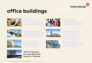 office buildings
77 IP Cameras at
Telecommunications
Company in Bahrain
48 IP Cameras
at the BDO Auditing
Company in Moscow
5000 IP Cameras at
ER-Telecom branches
in 56 Russian cities
250 IP Cameras
at the Department
of Internal Affairs
in Perm, Russia
42 IP Cameras
at Sadko Business
Center in Perm
75 IP Cameras
at the Kirovvodproekt
Design Institute
1057 IP Cameras
at Lotus Business
Center in Moscow
find out more about Macroscop projects on macroscop.com/en/
 