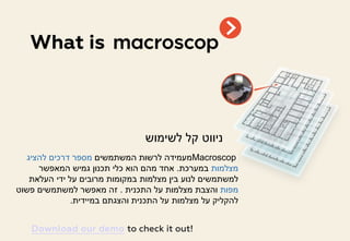 ‫לשימוש‬ ‫קל‬ ‫ניווט‬
Macroscop‫המשתמשים‬ ‫לרשות‬ ‫מעמידה‬‫להציג‬ ‫דרכים‬ ‫מספר‬
‫מצלמות‬‫במערכת‬.‫המאפשר‬ ‫גמיש‬ ‫תכנון‬ ‫כלי‬ ‫הוא‬ ‫מהם‬ ‫אחד‬
‫העלאת‬ ‫ידי‬ ‫על‬ ‫מרובים‬ ‫במקומות‬ ‫מצלמות‬ ‫בין‬ ‫לנוע‬ ‫למשתמשים‬
‫מפות‬‫התכנית‬ ‫על‬ ‫מצלמות‬ ‫והצבת‬.‫פשוט‬ ‫למשתמשים‬ ‫מאפשר‬ ‫זה‬
‫במיידית‬ ‫והצגתם‬ ‫התכנית‬ ‫על‬ ‫מצלמות‬ ‫על‬ ‫להקליק‬.
What is
Download our demo to check it out!
 