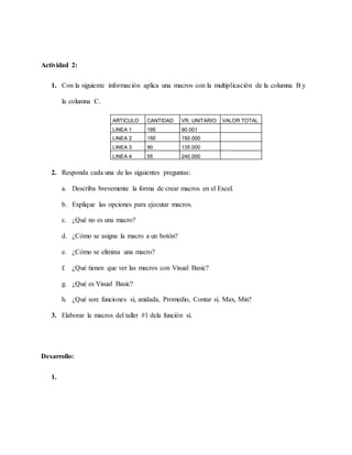 Actividad 2:
1. Con la siguiente información aplica una macros con la multiplicación de la columna B y
la columna C.
2. Responda cada una de las siguientes preguntas:
a. Describa brevemente la forma de crear macros en el Excel.
b. Explique las opciones para ejecutar macros.
c. ¿Qué no es una macro?
d. ¿Cómo se asigna la macro a un botón?
e. ¿Cómo se elimina una macro?
f. ¿Qué tienen que ver las macros con Visual Basic?
g. ¿Qué es Visual Basic?
h. ¿Qué son: funciones sí, anidada, Promedio, Contar sí, Max, Min?
3. Elaborar la macros del taller #1 dela función sí.
Desarrollo:
1.
 