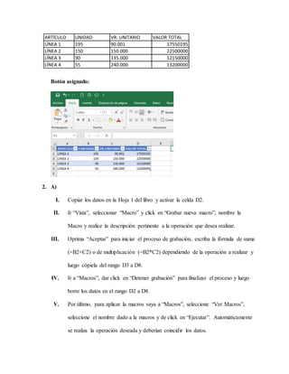 Botón asignado:
2. A)
I. Copiar los datos en la Hoja 1 del libro y activar la celda D2.
II. Ir “Vista”, seleccionar “Macro” y click en “Grabar nueva macro”, nombre la
Macro y realice la descripción pertinente a la operación que desea realizar.
III. Oprima “Aceptar” para iniciar el proceso de grabación, escriba la fórmula de suma
(=B2+C2) o de multiplicación (=B2*C2) dependiendo de la operación a realizar y
luego cópiela del rango D3 a D8.
IV. Ir a “Macros”, dar click en “Detener grabación” para finalizar el proceso y luego
borre los datos en el rango D2 a D8.
V. Por último, para aplicar la macros vaya a “Macros”, seleccione “Ver Macros”,
seleccione el nombre dado a la macros y de click en “Ejecutar”. Automáticamente
se realiza la operación deseada y deberían coincidir los datos.
ARTÍCULO UNIDAD VR. UNITARIO VALOR TOTAL
LÍNEA 1 195 90.001 17550195
LÍNEA 2 150 150.000 22500000
LÍNEA 3 90 135.000 12150000
LÍNEA 4 55 240.000 13200000
 