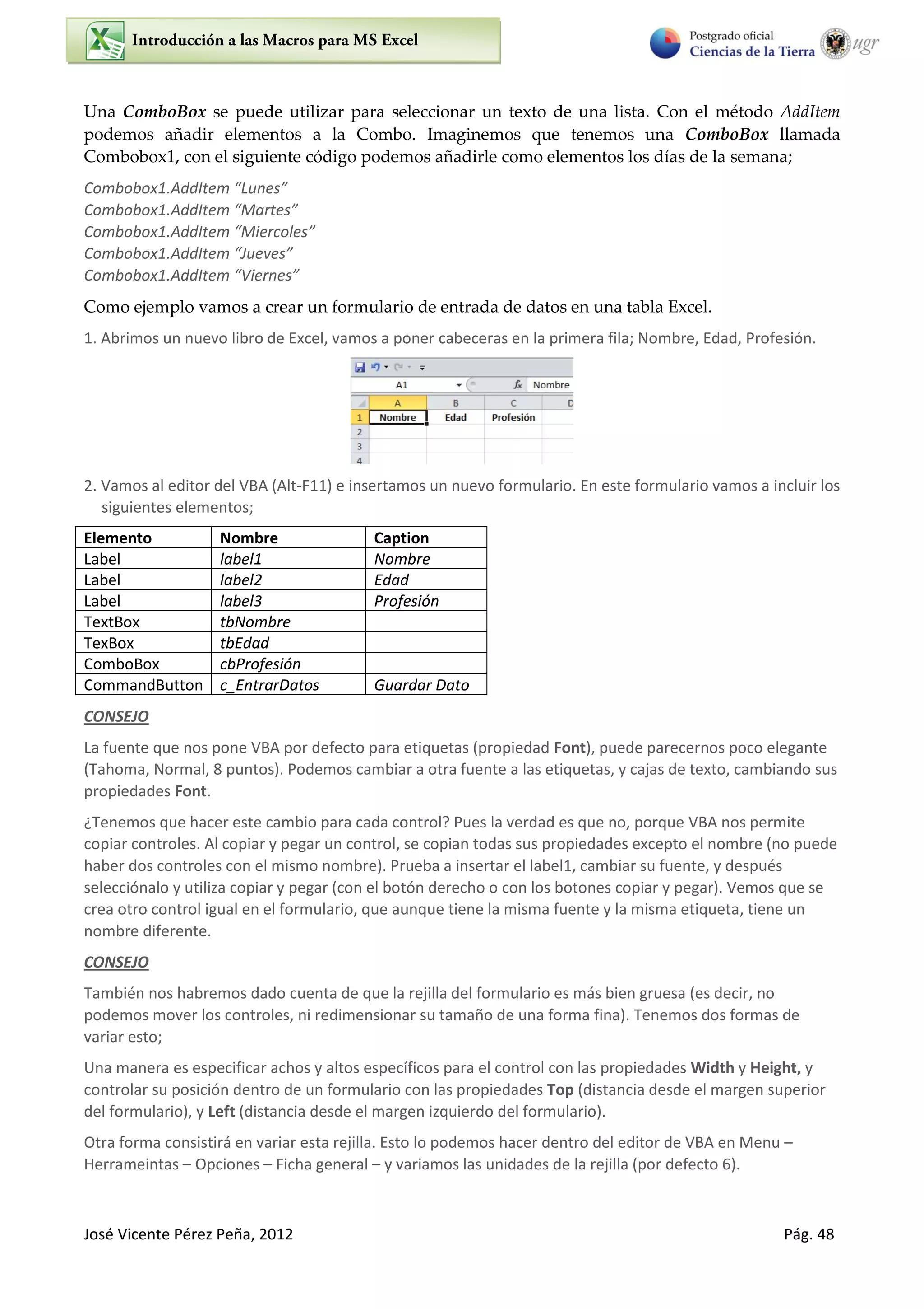 José Vicente Pérez Peña, 2012 Pág. 48
Una ComboBox se puede utilizar para seleccionar un texto de una lista. Con el método AddItem
podemos añadir elementos a la Combo. Imaginemos que tenemos una ComboBox llamada
Combobox1, con el siguiente código podemos añadirle como elementos los días de la semana;
Combobox1.AddItem “Lunes”
Combobox1.AddItem “Martes”
Combobox1.AddItem “Miercoles”
Combobox1.AddItem “Jueves”
Combobox1.AddItem “Viernes”
Como ejemplo vamos a crear un formulario de entrada de datos en una tabla Excel.
1. Abrimos un nuevo libro de Excel, vamos a poner cabeceras en la primera fila; Nombre, Edad, Profesión.
2. Vamos al editor del VBA (Alt-F11) e insertamos un nuevo formulario. En este formulario vamos a incluir los
siguientes elementos;
Elemento Nombre Caption
Label label1 Nombre
Label label2 Edad
Label label3 Profesión
TextBox tbNombre
TexBox tbEdad
ComboBox cbProfesión
CommandButton c_EntrarDatos Guardar Dato
CONSEJO
La fuente que nos pone VBA por defecto para etiquetas (propiedad Font), puede parecernos poco elegante
(Tahoma, Normal, 8 puntos). Podemos cambiar a otra fuente a las etiquetas, y cajas de texto, cambiando sus
propiedades Font.
¿Tenemos que hacer este cambio para cada control? Pues la verdad es que no, porque VBA nos permite
copiar controles. Al copiar y pegar un control, se copian todas sus propiedades excepto el nombre (no puede
haber dos controles con el mismo nombre). Prueba a insertar el label1, cambiar su fuente, y después
selecciónalo y utiliza copiar y pegar (con el botón derecho o con los botones copiar y pegar). Vemos que se
crea otro control igual en el formulario, que aunque tiene la misma fuente y la misma etiqueta, tiene un
nombre diferente.
CONSEJO
También nos habremos dado cuenta de que la rejilla del formulario es más bien gruesa (es decir, no
podemos mover los controles, ni redimensionar su tamaño de una forma fina). Tenemos dos formas de
variar esto;
Una manera es especificar achos y altos específicos para el control con las propiedades Width y Height, y
controlar su posición dentro de un formulario con las propiedades Top (distancia desde el margen superior
del formulario), y Left (distancia desde el margen izquierdo del formulario).
Otra forma consistirá en variar esta rejilla. Esto lo podemos hacer dentro del editor de VBA en Menu –
Herrameintas – Opciones – Ficha general – y variamos las unidades de la rejilla (por defecto 6).
 