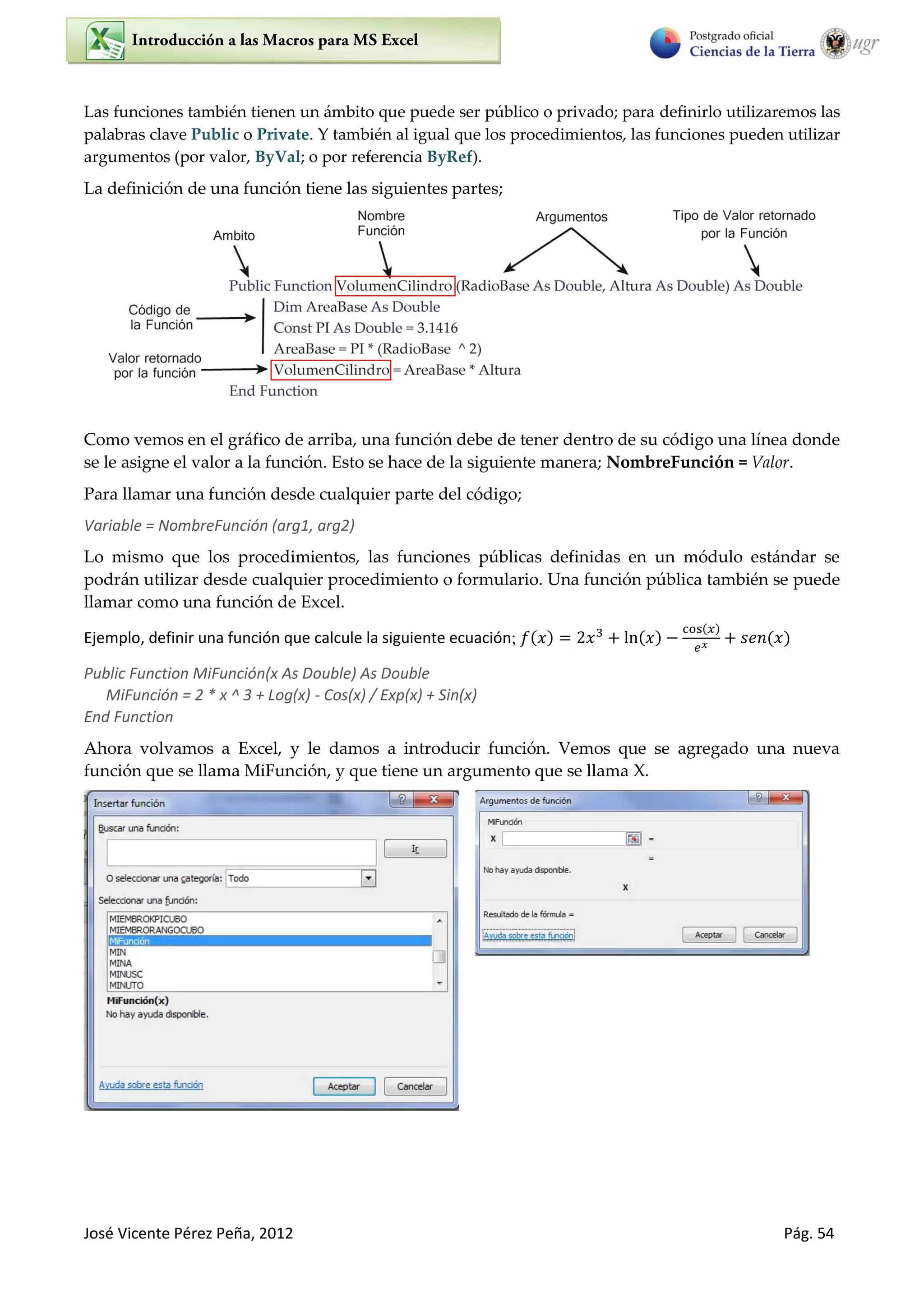 José Vicente Pérez Peña, 2012 Pág. 54
Las funciones también tienen un ámbito que puede ser público o privado; para definirlo utilizaremos las
palabras clave Public o Private. Y también al igual que los procedimientos, las funciones pueden utilizar
argumentos (por valor, ByVal; o por referencia ByRef).
La definición de una función tiene las siguientes partes;
Como vemos en el gráfico de arriba, una función debe de tener dentro de su código una línea donde
se le asigne el valor a la función. Esto se hace de la siguiente manera; NombreFunción = Valor.
Para llamar una función desde cualquier parte del código;
Variable = NombreFunción (arg1, arg2)
Lo mismo que los procedimientos, las funciones públicas definidas en un módulo estándar se
podrán utilizar desde cualquier procedimiento o formulario. Una función pública también se puede
llamar como una función de Excel.
Ejemplo, definir una función que calcule la siguiente ecuación; ( ) ( )
( )
( )
Public Function MiFunción(x As Double) As Double
MiFunción = 2 * x ^ 3 + Log(x) - Cos(x) / Exp(x) + Sin(x)
End Function
Ahora volvamos a Excel, y le damos a introducir función. Vemos que se agregado una nueva
función que se llama MiFunción, y que tiene un argumento que se llama X.
 