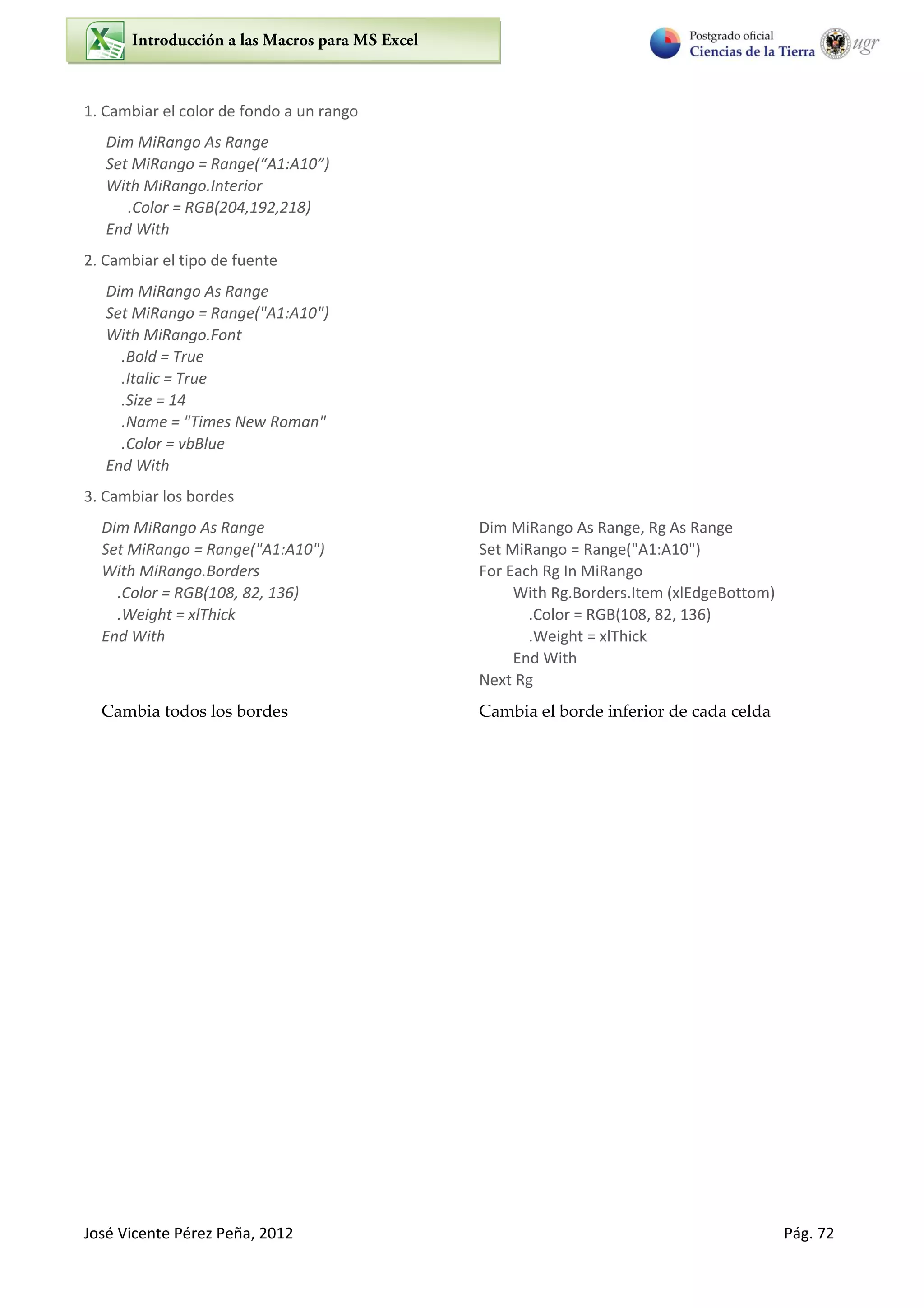 José Vicente Pérez Peña, 2012 Pág. 72
1. Cambiar el color de fondo a un rango
Dim MiRango As Range
Set MiRango = Range(“A1:A10”)
With MiRango.Interior
.Color = RGB(204,192,218)
End With
2. Cambiar el tipo de fuente
Dim MiRango As Range
Set MiRango = Range("A1:A10")
With MiRango.Font
.Bold = True
.Italic = True
.Size = 14
.Name = "Times New Roman"
.Color = vbBlue
End With
3. Cambiar los bordes
Dim MiRango As Range
Set MiRango = Range("A1:A10")
With MiRango.Borders
.Color = RGB(108, 82, 136)
.Weight = xlThick
End With
Cambia todos los bordes
Dim MiRango As Range, Rg As Range
Set MiRango = Range("A1:A10")
For Each Rg In MiRango
With Rg.Borders.Item (xlEdgeBottom)
.Color = RGB(108, 82, 136)
.Weight = xlThick
End With
Next Rg
Cambia el borde inferior de cada celda
 