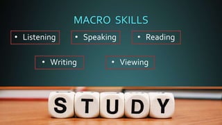 MACRO SKILLS
• Listening
• Writing • Viewing
• Reading
• Speaking
 