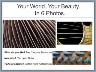 Your World. Your Beauty.
In 6 Photos.
-What do you like? Food? Above: Mushroom
-Interests? Top right: Guitar
-Parts of objects? Bottom right: rusted metal
 