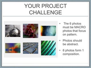 YOUR PROJECT
CHALLENGE
• The 6 photos
must be MACRO
photos that focus
on pattern.
• Photos should
be abstract.
• 6 photos form 1
composition.
 