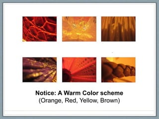 Notice: A Warm Color scheme
(Orange, Red, Yellow, Brown)
 