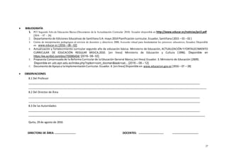27
 BIBLIOGRAFÍA
1. PCI Segundo Año de Educación Básica (Documento de la Actualización Curricular 2010) Ecuador disponible en http://www.educar.ec/noticias/pci2.pdf
[2016 – 07 – 26]
2. Departamento de Ediciones Educativas de Santillana S:A: mayo 2014 Planificación curricular, Ecuador, Santillana [2015 – 01 – 02 }
3. Centro de interpretación pedagógica al servicio de docentes y directivos 2008, Asesoría virtual para fundamentar los procesos educativos, Ecuador, Disponible
en www.educar.ec [2016 – 08 – 02]
4. Actualización y fortalecimiento curricular segundo año de educación básica. Ministerio de Educación, ACTUALIZACIÓN Y FORTALECIMIENTO
CURRICULAR DE EDUCACIÓN REGULAR BÁSICA,2010. [en línea] Ministerio de Educación y Cultura (1996). Disponible en
https://es.scribd.com/doc/70086404/ [2016- 08- 02]
5. Propuesta Consensuada de la Reforma Curricular de la Educación General Básica,(en línea) Ecuador. 3. Ministerio de Educación (2009).
Disponible en udc.epn.edu.ec/index.php?option=com_docman&task=cat... [2016 – 08 – 12]
6. Documentode Apoyoa laImplementaciónCurricular.Ecuador.4. [enlínea] Disponible en www.educacion.gov.ec[2016 – 07 – 28]
 OBSERVACIONES
8.1 Del Profesor
_________________________________________________________________________________________________________________________
_________________________________________________________________________________________________________________________
8.2 Del Director de Área
_________________________________________________________________________________________________________________________
_________________________________________________________________________________________________________________________
8.3 De las Autoridades
_________________________________________________________________________________________________________________________
________________________________________________________________________________________________________________________
Quito, 29 de agosto de 2016
DIRECTORA DE ÁREA: .......................... DOCENTES: ............................... ................................
 