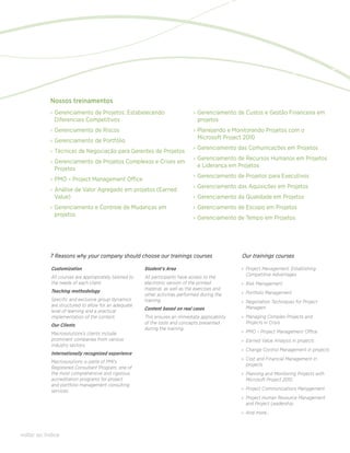 Nossos treinamentos
            ›› Gerenciamento de Projetos: Estabelecendo                         ›› Gerenciamento de Custos e Gestão Financeira em
               Diferenciais Competitivos                                           projetos
            ›› Gerenciamento de Riscos                                          ›› Planejando e Monitorando Projetos com o
                                                                                   Microsoft Project 2010
            ›› Gerenciamento de Portfólio
                                                                                ›› Gerenciamento das Comunicações em Projetos
            ›› Técnicas de Negociação para Gerentes de Projetos
                                                                                ›› Gerenciamento de Recursos Humanos em Projetos
            ›› Gerenciamento de Projetos Complexos e Crises em
                                                                                   e Liderança em Projetos
               Projetos
                                                                                ›› Gerenciamento de Projetos para Executivos
            ›› PMO – Project Management Office
                                                                                ›› Gerenciamento das Aquisições em Projetos
            ›› Análise de Valor Agregado em projetos (Earned
               Value)                                                           ›› Gerenciamento da Qualidade em Projetos
            ›› Gerenciamento e Controle de Mudanças em                          ›› Gerenciamento de Escopo em Projetos
               projetos
                                                                                ›› Gerenciamento de Tempo em Projetos




            7 Reasons why your company should choose our trainings courses                        Our trainings courses

            Customization                               Student’s Area                            ›› Project Management: Establishing
                                                                                                     Competitive Advantages
            All courses are appropriately tailored to   All participants have access to the
            the needs of each client.                   electronic version of the printed         ›› Risk Management
            Teaching methodology                        material, as well as the exercises and
                                                        other activities performed during the     ›› Portfolio Management
            Specific and exclusive group dynamics       training.                                 ›› Negotiation Techniques for Project
            are structured to allow for an adequate                                                  Managers
            level of learning and a practical           Content based on real cases
            implementation of the content.              This ensures an immediate applicability   ›› Managing Complex Projects and
                                                        of the tools and concepts presented          Projects in Crisis
            Our Clients
                                                        during the training.
            Macrosolutions’s clients include                                                      ›› PMO – Project Management Office
            prominent companies from various                                                      ›› Earned Value Analysis in projects
            industry sectors.
                                                                                                  ›› Change Control Management in projects
            Internationally recognized experience
                                                                                                  ›› Cost and Financial Management in
            Macrosolutions is parte of PMI’s
                                                                                                     projects
            Registered Consultant Program, one of
            the most comprehensive and rigorous                                                   ›› Planning and Monitoring Projects with
            accreditation programs for project                                                       Microsoft Project 2010
            and portfolio management consulting
            services.                                                                             ›› Project Communications Management
                                                                                                  ›› Project Human Resource Management
                                                                                                     and Project Leadership
                                                                                                  ›› And more...



voltar ao índice
 