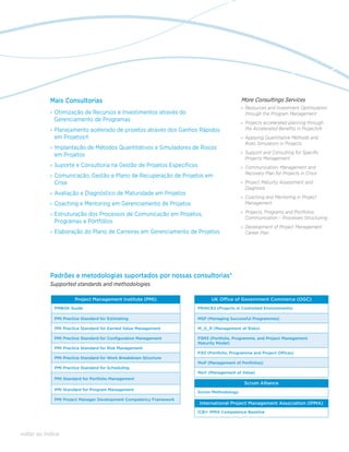 Mais Consultorias                                                                More Consultings Services
                                                                                             ›› Resources and Investment Optimization
            ›› Otimização de Recursos e Investimentos através do                                through the Program Management
               Gerenciamento de Programas                                                    ›› Projects accelerated planning through
            ›› Planejamento acelerado de projetos através dos Ganhos Rápidos                    the Accelerated Benefits in Projects®
               em Projetos®                                                                  ›› Applying Quantitative Methods and
                                                                                                Risks Simulators in Projects
            ›› Implantação de Métodos Quantitativos e Simuladores de Riscos
                                                                                             ›› Support and Consulting for Specific
               em Projetos
                                                                                                Projects Management
            ›› Suporte e Consultoria na Gestão de Projetos Específicos                       ›› Communication, Management and
                                                                                                Recovery Plan for Projects in Crisis
            ›› Comunicação, Gestão e Plano de Recuperação de Projetos em
               Crise                                                                         ›› Project Maturity Assessment and
                                                                                                Diagnosis
            ›› Avaliação e Diagnóstico de Maturidade em Projetos
                                                                                             ›› Coaching and Mentoring in Project
            ›› Coaching e Mentoring em Gerenciamento de Projetos                                Management

            ›› Estruturação dos Processos de Comunicação em Projetos,                        ›› Projects, Programs and Portfolios
                                                                                                Communication – Processes Structuring
               Programas e Portfólios
                                                                                             ›› Development of Project Management
            ›› Elaboração do Plano de Carreiras em Gerenciamento de Projetos                    Career Plan




            Padrões e metodologias suportados por nossas consultorias*
            Supported standards and methodologies

                       Project Management Institute (PMI)                      UK Office of Government Commerce (OGC)
              PMBOK Guide                                                PRINCE2 (Projects in Controlled Environments)

              PMI Practice Standard for Estimating                       MSP (Managing Successful Programmes)

              PMI Practice Standard for Earned Value Management          M_O_R (Management of Risks)

              PMI Practice Standard for Configuration Management         P3M3 (Portfolio, Programme, and Project Management
                                                                         Maturity Model)
              PMI Practice Standard for Risk Management
                                                                         P3O (Portfolio, Programme and Project Offices)
              PMI Practice Standard for Work Breakdown Structure
                                                                         MoP (Management of Portfolios)
              PMI Practice Standard for Scheduling
                                                                         MoV (Management of Value)
              PMI Standard for Portfolio Management
                                                                                               Scrum Alliance
              PMI Standard for Program Management
                                                                         Scrum Methodology
              PMI Project Manager Development Competency Framework
                                                                         International Project Management Association (IPMA)
            v
                                                                         ICB® IPMA Competence Baseline




voltar ao índice
 