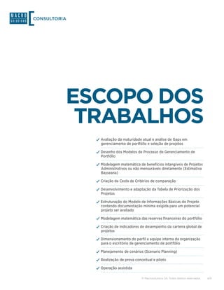 CONSULTORIA




          ESCOPO DOS
           TRABALHOS
              ✓✓Avaliação da maturidade atual e análise de Gaps em
                gerenciamento de portfólio e seleção de projetos

              ✓✓Desenho dos Modelos de Processo de Gerenciamento de
                Portfólio

              ✓✓Modelagem matemática de benefícios intangíveis de Projetos
                Administrativos ou não mensuráveis diretamente (Estimativa
                Bayseana)

              ✓✓Criação da Cesta de Critérios de comparação
              ✓✓Desenvolvimento e adaptação da Tabela de Priorização dos
                Projetos

              ✓✓Estruturação do Modelo de Informações Básicas do Projeto
                contendo documentação mínima exigida para um potencial
                projeto ser avaliado

              ✓✓Modelagem matemática das reservas financeiras do portfólio
              ✓✓Criação de indicadores de desempenho da carteira global de
                projetos

              ✓✓Dimensionamento do perfil e equipe interna da organização
                para o escritório de gerenciamento de portfólio

              ✓✓Planejamento de cenários (Scenario Planning)
              ✓✓Realização de prova conceitual e piloto
              ✓✓Operação assistida

                                        © Macrosolutions SA. Todos direitos reservados.   4/9
 