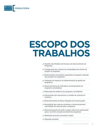 CONSULTORIA




          ESCOPO DOS
           TRABALHOS
              ✓✓Desenho dos Modelos de Processo de Gerenciamento de
                Programas

              ✓✓Configuração dos critérios de similaridade para Cestas de
                projeto no programa

              ✓✓Determinação do benefício quantitativo da gestão unificada
                dos projetos em programas

              ✓✓Avaliação de impactos da implementação da gestão de
                programas

              ✓✓Desenvolvimento de indicadores de desempenho do
                programa consolidados

              ✓✓Elaboração de relatórios do programa consolidados
              ✓✓Estruturação dos mecanismos e comitês de controle de
                mudança

              ✓✓Desenvolvimento do Plano Integrado de Comunicações
              ✓✓Reavaliação das reservas existentes e dimensionamento
                consolidado de reservas para o programa

              ✓✓Dimensionamento do perfil e equipe interna da organização
                para o escritório de gerenciamento de programas

              ✓✓Realização de prova conceitual e piloto
              ✓✓Operação assistida

                                        © Macrosolutions SA. Todos direitos reservados.   4/9
 