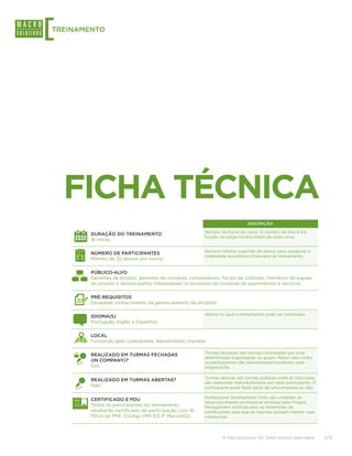 [
TREINAMENTO




    FICHA TÉCNICA
                                                                            DESCRIÇÃO

                                                       Número de horas do curso. O número de dias é em
        DURAÇÃO DO TREINAMENTO
                                                       função da carga-horária diária de cada curso.
        16 Horas.

                                                       Número mínimo sugerido de alunos para assegurar a
        NÚMERO DE PARTICIPANTES
                                                       viabilidade econômico-financeira do treinamento.
        Mínimo de 20 alunos por turma.

        PÚBLICO-ALVO
        Gerentes de projeto, gerentes de compras, compradores, fiscais de contrato, membros da equipe
        do projeto e demais partes interessadas no processo de compras de suprimentos e serviços.

        PRÉ-REQUISITOS
        Desejável conhecimento de gerenciamento de projetos.

                                                       Idioma no qual o treinamento pode ser ministrado.
        IDIOMA(S)
        Português, Inglês e Espanhol.

        LOCAL
        Fornecido pelo contratante. Atendimento mundial.

                                                       Turmas fechadas são turmas contratadas por uma
        REALIZADO EM TURMAS FECHADAS
                                                       determinada organização ou grupo. Nesse caso todos
        (IN COMPANY)?                                  os participantes são selecionados/escolhidos pela
        Sim.                                           organização.

                                                       Turmas abertas são turmas públicas onde as inscrições
        REALIZADO EM TURMAS ABERTAS?
                                                       são realizadas individualmente por cada participante. O
        Não.                                           participante pode fazer parte de uma empresa ou não.

                                                       Professional Development Units são unidades de
        CERTIFICADO E PDU
                                                       desenvolvimento profissional emitidas pelo Project
        Todos os participantes do treinamento          Management Institute para os detentores de
        receberão certificado de participação com 16   certificações para que os mesmos possam manter suas
        PDUs do PMI. (Código PMI R.E.P: Macro012)      credenciais.




                                                               © Macrosolutions SA. Todos direitos reservados.   3/15
 