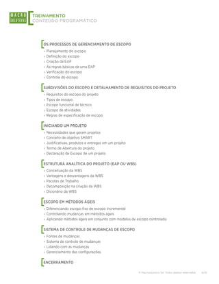 [
TREINAMENTO
CONTEÚDO PROGRAMÁTICO




    [
    OS PROCESSOS DE GERENCIAMENTO DE ESCOPO
    ›› Planejamento do escopo
    ›› Definição do escopo
    ›› Criação da EAP
    ›› As regras básicas de uma EAP
    ›› Verificação do escopo
    ›› Controle do escopo


    [
    SUBDIVISÕES DO ESCOPO E DETALHAMENTO DE REQUISITOS DO PROJETO
    ›› Requisitos do escopo do projeto
    ›› Tipos de escopo
    ›› Escopo funcional de técnico
    ›› Escopo de atividades
    ›› Regras de especificação de escopo


    [
    INICIANDO UM PROJETO
    ›› Necessidades que geram projetos
    ›› Conceito de objetivo SMART
    ›› Justificativas, produtos e entregas em um projeto
    ›› Termo de Abertura do projeto
    ›› Declaração de Escopo de um projeto


    [
    ESTRUTURA ANALÍTICA DO PROJETO (EAP OU WBS)
    ›› Conceituação da WBS
    ›› Vantagens e desvantagens da WBS
    ›› Pacotes de Trabalho
    ›› Decomposição na criação da WBS
    ›› Dicionário da WBS


    [
    ESCOPO EM MÉTODOS ÁGEIS
    ›› Diferenciando escopo fixo de escopo incremental
    ›› Controlando mudanças em métodos ágeis
    ›› Aplicando métodos ágeis em conjunto com modelos de escopo controlado


    [
    SISTEMA DE CONTROLE DE MUDANÇAS DE ESCOPO
    ›› Fontes de mudanças
    ›› Sistema de controle de mudanças
    ›› Lidando com as mudanças
    ›› Gerenciamento das configurações


    [
    ENCERRAMENTO

                                                           © Macrosolutions SA. Todos direitos reservados.   6/15
 