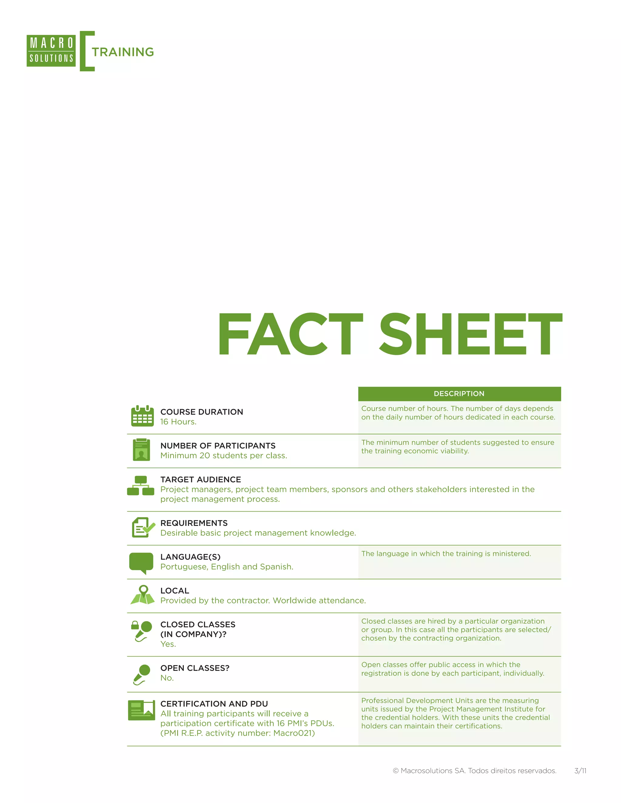 [
TRAINING




                         FACT SHEET
                                                                                DESCRIPTION

                                                           Course number of hours. The number of days depends
           COURSE DURATION
                                                           on the daily number of hours dedicated in each course.
           16 Hours.

                                                           The minimum number of students suggested to ensure
           NUMBER OF PARTICIPANTS
                                                           the training economic viability.
           Minimum 20 students per class.

           TARGET AUDIENCE
           Project managers, project team members, sponsors and others stakeholders interested in the
           project management process.

           REQUIREMENTS
           Desirable basic project management knowledge.

                                                           The language in which the training is ministered.
           LANGUAGE(S)
           Portuguese, English and Spanish.

           LOCAL
           Provided by the contractor. Worldwide attendance.

                                                           Closed classes are hired by a particular organization
           CLOSED CLASSES
                                                           or group. In this case all the participants are selected/
           (IN COMPANY)?                                   chosen by the contracting organization.
           Yes.

                                                           Open classes offer public access in which the
           OPEN CLASSES?
                                                           registration is done by each participant, individually.
           No.

                                                           Professional Development Units are the measuring
           CERTIFICATION AND PDU
                                                           units issued by the Project Management Institute for
           All training participants will receive a        the credential holders. With these units the credential
           participation certificate with 16 PMI’s PDUs.   holders can maintain their certifications.
           (PMI R.E.P. activity number: Macro021)



                                                                    © Macrosolutions SA. Todos direitos reservados.    3/11
 