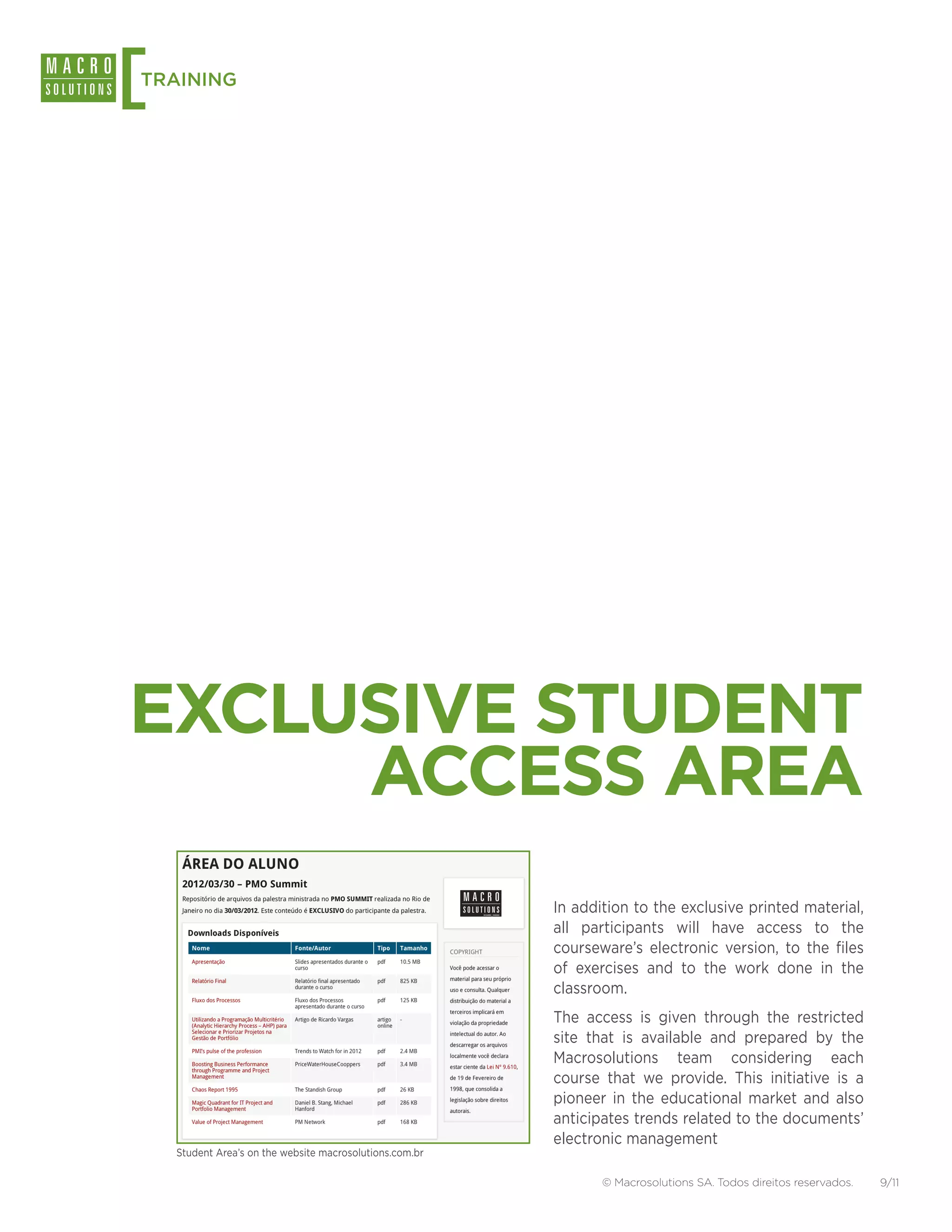 [
TRAINING




EXCLUSIVE STUDENT
     ACCESS AREA
                                                          In addition to the exclusive printed material,
                                                          all participants will have access to the
                                                          courseware’s electronic version, to the files
                                                          of exercises and to the work done in the
                                                          classroom.
                                                          The access is given through the restricted
                                                          site that is available and prepared by the
                                                          Macrosolutions team considering each
                                                          course that we provide. This initiative is a
                                                          pioneer in the educational market and also
                                                          anticipates trends related to the documents’
                                                          electronic management
    Student Area’s on the website macrosolutions.com.br

                                                                 © Macrosolutions SA. Todos direitos reservados.   9/11
 