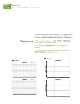 [
TRAINING
MY COOKING PROJECT EXERCISE




                                                                                                                                                                                                                                                                                                            The dynamics is are performed in two hours with all participants.
                                                                                                                                                                                                                                                                                                            They were divided into groups, competing for the best performance
                                                                                                                                                                                                                                                                                                            seeking to understand the risks associated with each decision.


                                                                                                         Features                                                                                                                                                                                           1- Shows the influence of the RISK PROFILE of
                                                                                                                                                                                                                                                                                                            the project decision maker.
                                                                                                                                                                                                                                                                                                            2- Promotes TEAMWORK in the decision-
                                                                                                                                                                                                                                                                                                            making
                                                                                                                                                                                                                                                                                                            3- Evaluate the effectiveness of the duration
                                                                                                                                                                                                                                                                                                            COMPRESSION mechanisms.


                                                                                                                                                                                                                                                                                                                                           [     MY COOKING PROJECT®
                                                                                                                                                                                                                                                                                                                                                 MAPA DE RISCOS



      [     MY COOKING PROJECT®
            GRÁFICO DE GANTT
                                                                                                                                                                                                                                                                                                                                                                          CENÁRIO 01

                                                                                                                                  CENÁRIO 01                                                                                                        Tempo Total:
                                                                                                                                                                                                                                                                                                                                               ALTA




    0-2   2-4   4-6   6-8   8 - 10   10 - 12   12 - 14   14 - 16   16 - 18   18 - 20 20 - 22 22 - 24 24 - 26 26 - 28 28 - 30 30 - 32 32 - 34 34 - 36 36 - 38 38 - 40 40 - 42 42 - 44 44 - 46 46 - 48 48 - 50 50 - 52 52 - 54 54 - 56 56 - 58 58 - 60 62 - 64 64 - 66 66 - 68 68 - 70 70 - 72 72 - 74   74 - 76 76 - 78 78 - 80 80 - 82
                                                                                                                                                                                                                                                                                                                                         PROBABILIDADE
                                                                                                                                                                                                                                                                                                                                             MÉDIA
                                                                                                                                                                                                                                                                                                                                               BAIXA




                                                                                                                                                                                                                                                                                                                                                           BAIXO              MÉDIO                                   ALTO
                                                                                                                                                                                                                                                                                                                                                                             IMPACTO
    0-2   2-4   4-6   6-8   8 - 10   10 - 12   12 - 14   14 - 16   16 - 18   18 - 20 20 - 22 22 - 24 24 - 26 26 - 28 28 - 30 30 - 32 32 - 34 34 - 36 36 - 38 38 - 40 40 - 42 42 - 44 44 - 46 46 - 48 48 - 50 50 - 52 52 - 54 54 - 56 56 - 58 58 - 60 62 - 64 64 - 66 66 - 68 68 - 70 70 - 72 72 - 74   74 - 76 76 - 78 78 - 80 80 - 82




    0-2   2-4   4-6   6-8   8 - 10   10 - 12   12 - 14   14 - 16   16 - 18
                                                                                                                                 CENÁRIO 02                                                                                                         Tempo Total:
                                                                             18 - 20 20 - 22 22 - 24 24 - 26 26 - 28 28 - 30 30 - 32 32 - 34 34 - 36 36 - 38 38 - 40 40 - 42 42 - 44 44 - 46 46 - 48 48 - 50 50 - 52 52 - 54 54 - 56 56 - 58 58 - 60 62 - 64 64 - 66 66 - 68 68 - 70 70 - 72 72 - 74   74 - 76 76 - 78 78 - 80 80 - 82
                                                                                                                                                                                                                                                                                                                                                                          CENÁRIO 02
                                                                                                                                                                                                                                                                                                                                               ALTA
                                                                                                                                                                                                                                                                                                                                         PROBABILIDADE
                                                                                                                                                                                                                                                                                                                                             MÉDIA
                                                                                                                                                                                                                                                                                                                                               BAIXA




    0-2   2-4   4-6   6-8   8 - 10   10 - 12   12 - 14   14 - 16   16 - 18   18 - 20 20 - 22 22 - 24 24 - 26 26 - 28 28 - 30 30 - 32 32 - 34 34 - 36 36 - 38 38 - 40 40 - 42 42 - 44 44 - 46 46 - 48 48 - 50 50 - 52 52 - 54 54 - 56 56 - 58 58 - 60 62 - 64 64 - 66 66 - 68 68 - 70 70 - 72 72 - 74   74 - 76 76 - 78 78 - 80 80 - 82


                                                                                                                                                                                                                                           © 2010 Ricardo Viana Vargas. Todos direitos reservados. Reprodução Proibida.




                                                                                                                                                                                                                                                                                                                                                           BAIXO              MÉDIO                                   ALTO
                                                                                                                                                                                                                                                                                                                                                                             IMPACTO
                                                                                                                                                                                                                                                                                                                                                                                          © 2010 Ricardo Viana Vargas. Todos direitos reservados. Reprodução Proibida.




                                                                                                                                                                                                                                                                                                                                                                       © Macrosolutions SA. All rights reserved.                                                         8/14
 