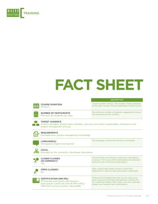 [
TRAINING




                         FACT SHEET
                                                                                DESCRIPTION

                                                           Course number of hours. The number of days depends
           COURSE DURATION
                                                           on the daily number of hours dedicated in each course.
           16 Hours.

                                                           The minimum number of students suggested to ensure
           NUMBER OF PARTICIPANTS
                                                           the training economic viability.
           Minimum 20 students per class.

           TARGET AUDIENCE
           Project managers, project team members, sponsors and others stakeholders interested in the
           project management process.

           REQUIREMENTS
           Desirable basic project management knowledge.

                                                           The language in which the training is ministered.
           LANGUAGE(S)
           Portuguese, English and Spanish.

           LOCAL
           Provided by the contractor. Worldwide attendance.

                                                           Closed classes are hired by a particular organization
           CLOSED CLASSES
                                                           or group. In this case all the participants are selected/
           (IN COMPANY)?                                   chosen by the contracting organization.
           Yes.

                                                           Open classes offer public access in which the
           OPEN CLASSES?
                                                           registration is done by each participant, individually.
           No.

                                                           Professional Development Units are the measuring
           CERTIFICATION AND PDU
                                                           units issued by the Project Management Institute for
           All training participants will receive a        the credential holders. With these units the credential
           participation certificate with 16 PMI’s PDUs.   holders can maintain their certifications.
           (PMI R.E.P. activity number: Macro009)



                                                                            © Macrosolutions SA. All rights reserved.   3/12
 