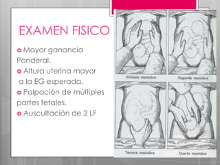EXAMEN FISICO
 Mayor ganancia
Ponderal.
 Altura uterina mayor
a la EG esperada.
 Palpación de múltiples
partes fetales.
 Auscultación de 2 LF
 