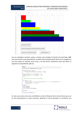20 de febrero de
2014
[MANUAL BÁSICO PARA EMPEZAR A TRABAJAR CON MACROS
DE VISUAL BASIC PARA EXCEL]
15
Una vez realizado lo anterior, vamos a mostrar como emplear la función de Visual Basic, Call.
Con esta función lo que pretendemos, es poder hacer llamadas desde dentro de un programa a
otro que puede ser utilizado varias veces, y de esta forma, evitaríamos tener que definir el
programa correspondiente cada vez.
En este caso, vemos como una vez definida la serie de Fibonacci (de la misma forma que ya se
ha visto previamente en varias ocasiones, siguiendo el mismo ejemplo), se introducen tres
 