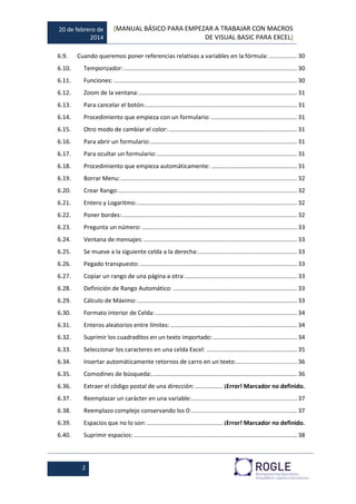 20 de febrero de
2014
[MANUAL BÁSICO PARA EMPEZAR A TRABAJAR CON MACROS
DE VISUAL BASIC PARA EXCEL]
2
6.9. Cuando queremos poner referencias relativas a variables en la fórmula: ................. 30
6.10. Temporizador:......................................................................................................... 30
6.11. Funciones: ............................................................................................................... 30
6.12. Zoom de la ventana:................................................................................................ 31
6.13. Para cancelar el botón:............................................................................................ 31
6.14. Procedimiento que empieza con un formulario: .................................................... 31
6.15. Otro modo de cambiar el color:.............................................................................. 31
6.16. Para abrir un formulario:......................................................................................... 31
6.17. Para ocultar un formulario:..................................................................................... 31
6.18. Procedimiento que empieza automáticamente: .................................................... 31
6.19. Borrar Menu:........................................................................................................... 32
6.20. Crear Rango:............................................................................................................ 32
6.21. Entero y Logaritmo:................................................................................................. 32
6.22. Poner bordes:.......................................................................................................... 32
6.23. Pregunta un número: .............................................................................................. 33
6.24. Ventana de mensajes:............................................................................................. 33
6.25. Se mueve a la siguiente celda a la derecha:............................................................ 33
6.26. Pegado transpuesto: ............................................................................................... 33
6.27. Copiar un rango de una página a otra:.................................................................... 33
6.28. Definición de Rango Automático: ........................................................................... 33
6.29. Cálculo de Máximo:................................................................................................. 33
6.30. Formato interior de Celda:...................................................................................... 34
6.31. Enteros aleatorios entre límites:............................................................................. 34
6.32. Suprimir los cuadraditos en un texto importado:................................................... 34
6.33. Seleccionar los caracteres en una celda Excel: ....................................................... 35
6.34. Insertar automáticamente retornos de carro en un texto:..................................... 36
6.35. Comodines de búsqueda:........................................................................................ 36
6.36. Extraer el código postal de una dirección:................. ¡Error! Marcador no definido.
6.37. Reemplazar un carácter en una variable:................................................................ 37
6.38. Reemplazo complejo conservando los 0:................................................................ 37
6.39. Espacios que no lo son: .............................................. ¡Error! Marcador no definido.
6.40. Suprimir espacios: ................................................................................................... 38
 